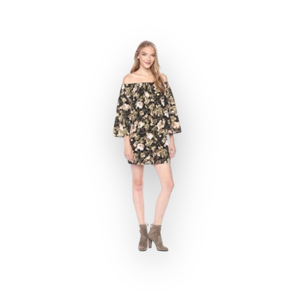 new French Connection 𑁍 Dream Floral Print Off Shoulder Mini Dress 𑁍 Olive 𑁍 XS - Picture 10 of 16